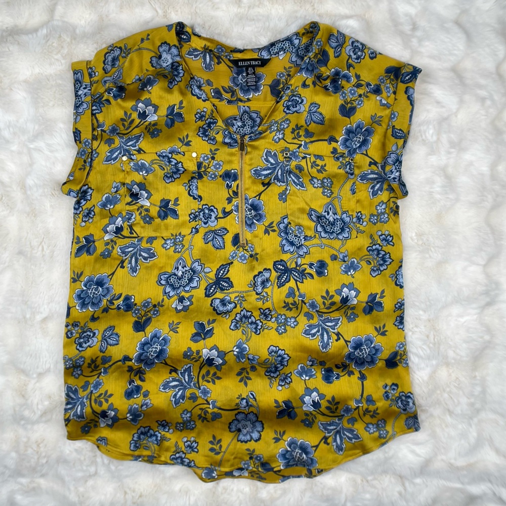 Ellen Tracy Yellow and Blue Floral Blouse